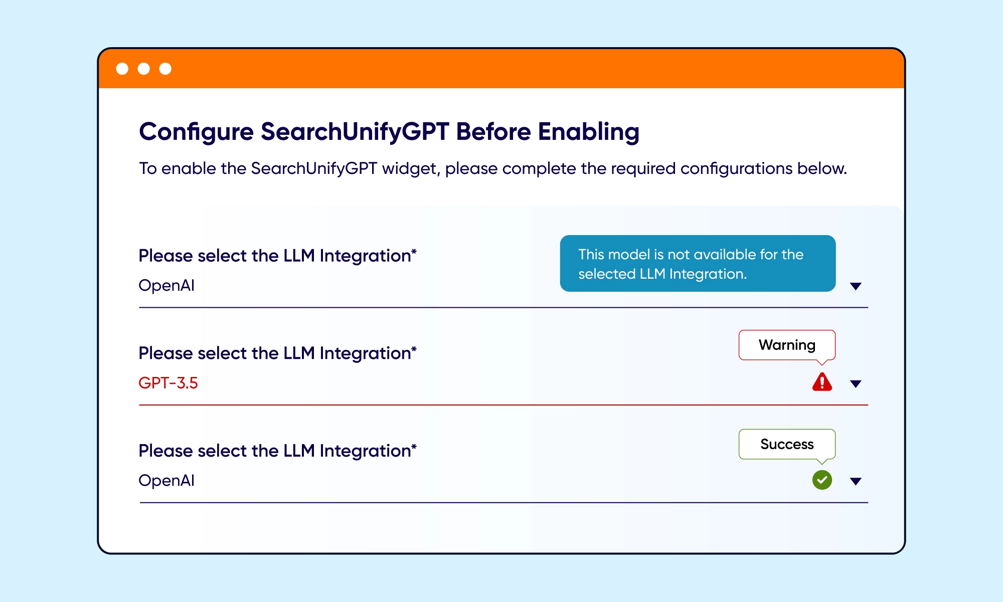 SearchUnifyGPT configuration screen showing governed LLM selection, model validation warnings, and successful OpenAI integration, highlighting enterprise controls before enabling generative AI.